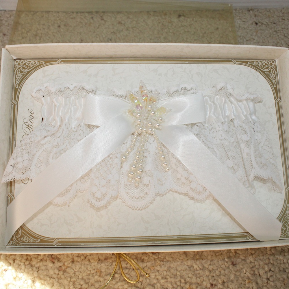 Lillian Rose Bridal Garter Sequin Lace Faux Pearl Bow White Wedding Accessory
